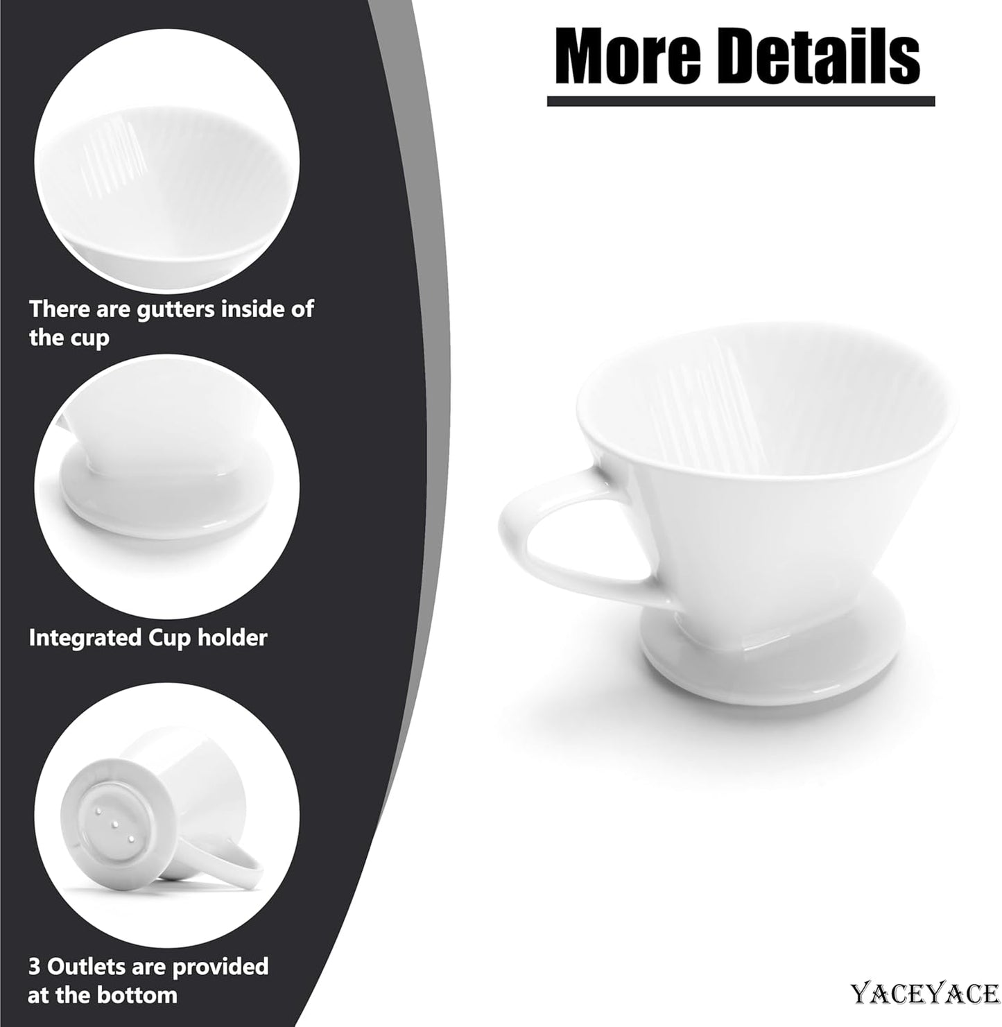 Pour Over Coffee Maker, Single White Ceramic Coffee Dripper with 3 Holes, Large Coffee Pour Over for Shop, Office, Home