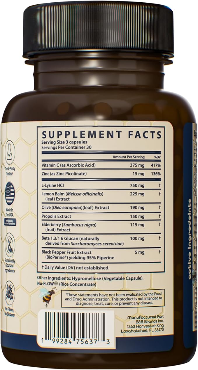 L Lysine Cold Sore Treatment Support, Herbal Cold Sore Supplement w/Zinc Picolinate, Olive Leaf Extract, Beta Glucan, & Bee Propolis for Skin & Lip Health, 90 Capsules-HarmonyPath Wellness