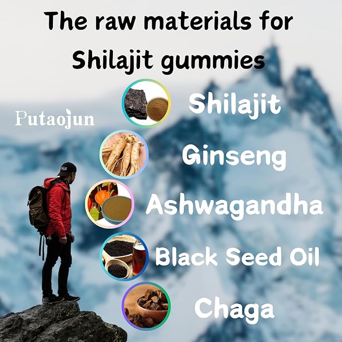 Shilajit Gummies for man & woman. Himalayan Shilajit or Shilajit Supplement. 3rd Party Tested.1000mg Pure Shilajit, 200mg Ashwagandha, 200mg Chaga,100mg Ginseng,100mg Saw Palmatto, 60mg Black Seed Oil