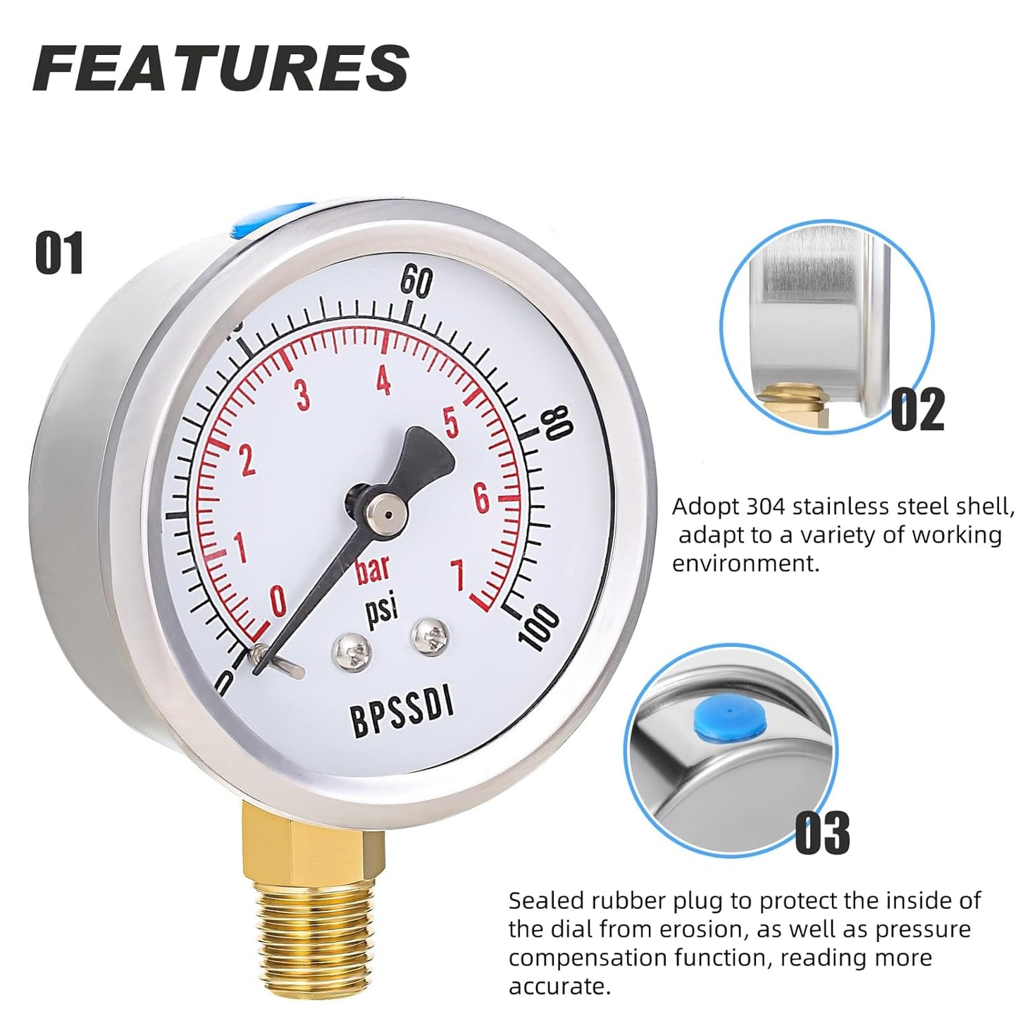 0-100 Psi Low Pressure Gauge, 2.5" Dial Size, 1/4" NPT Lower Mount, 304 Stainless Steel Case, Water Pressure Gauge Test for Water Pump, Pneumatic Air, RV Hose(with Tape)