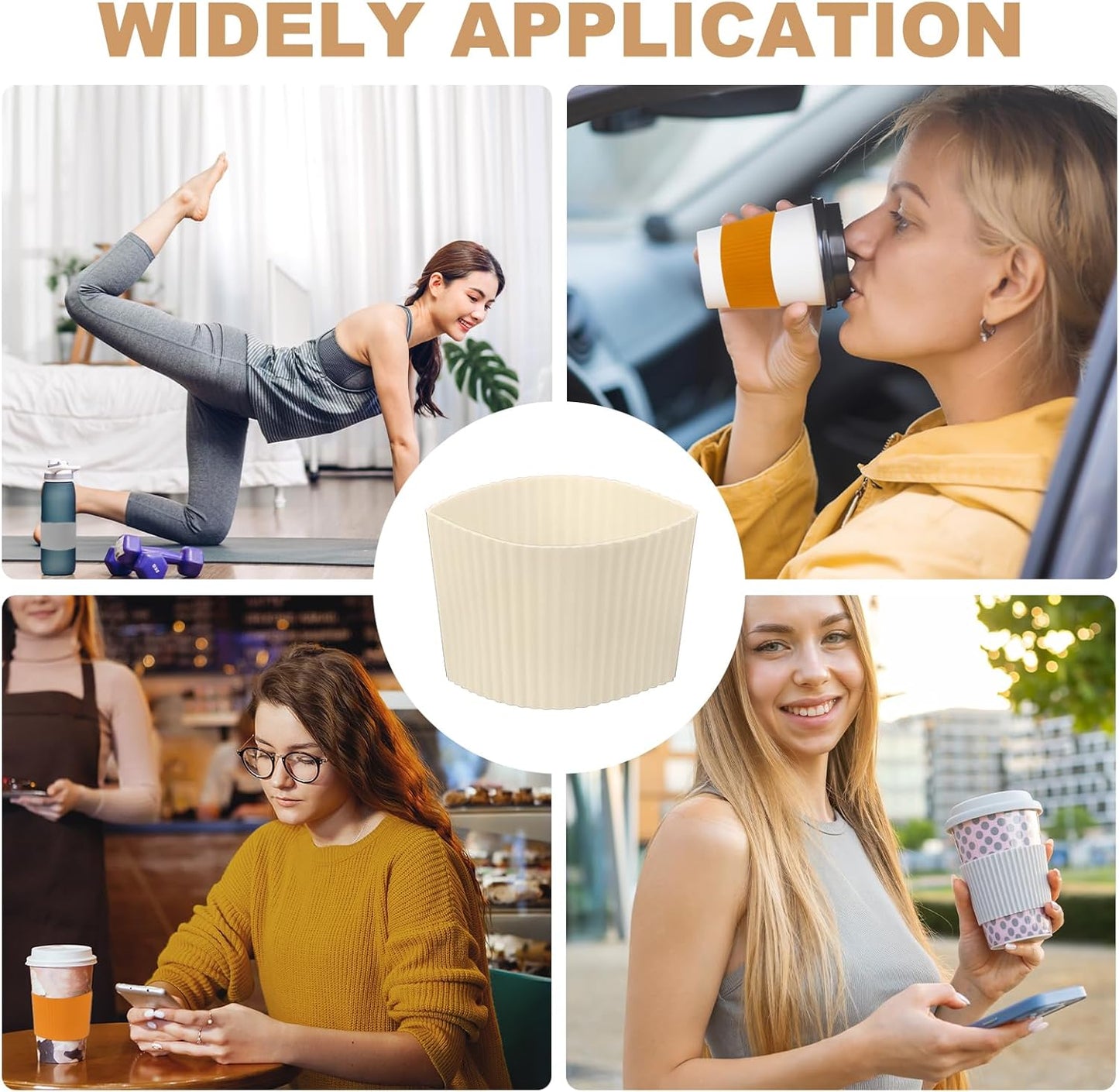 uxcell 6Pack Coffee Cup Sleeves, Reusable Silicone Heat Resistant Cup Protective Sleeve Nonslip Mug Protector Cover for Home Travel Coffee Mug Glasses Water Bottle Boots, Cream White