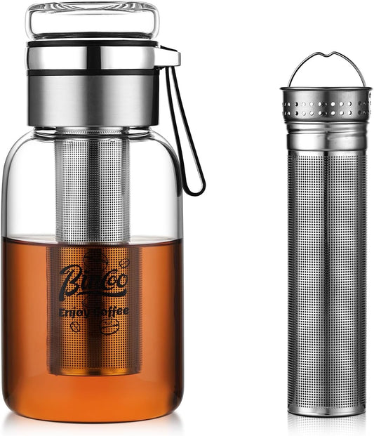 Glass Cold Brew Coffee Maker with Extended Fine Mesh Filter, Tea Infuser Bottle Iced Coffee Maker with Thick Borosilicate Glass (750ml/24oz)