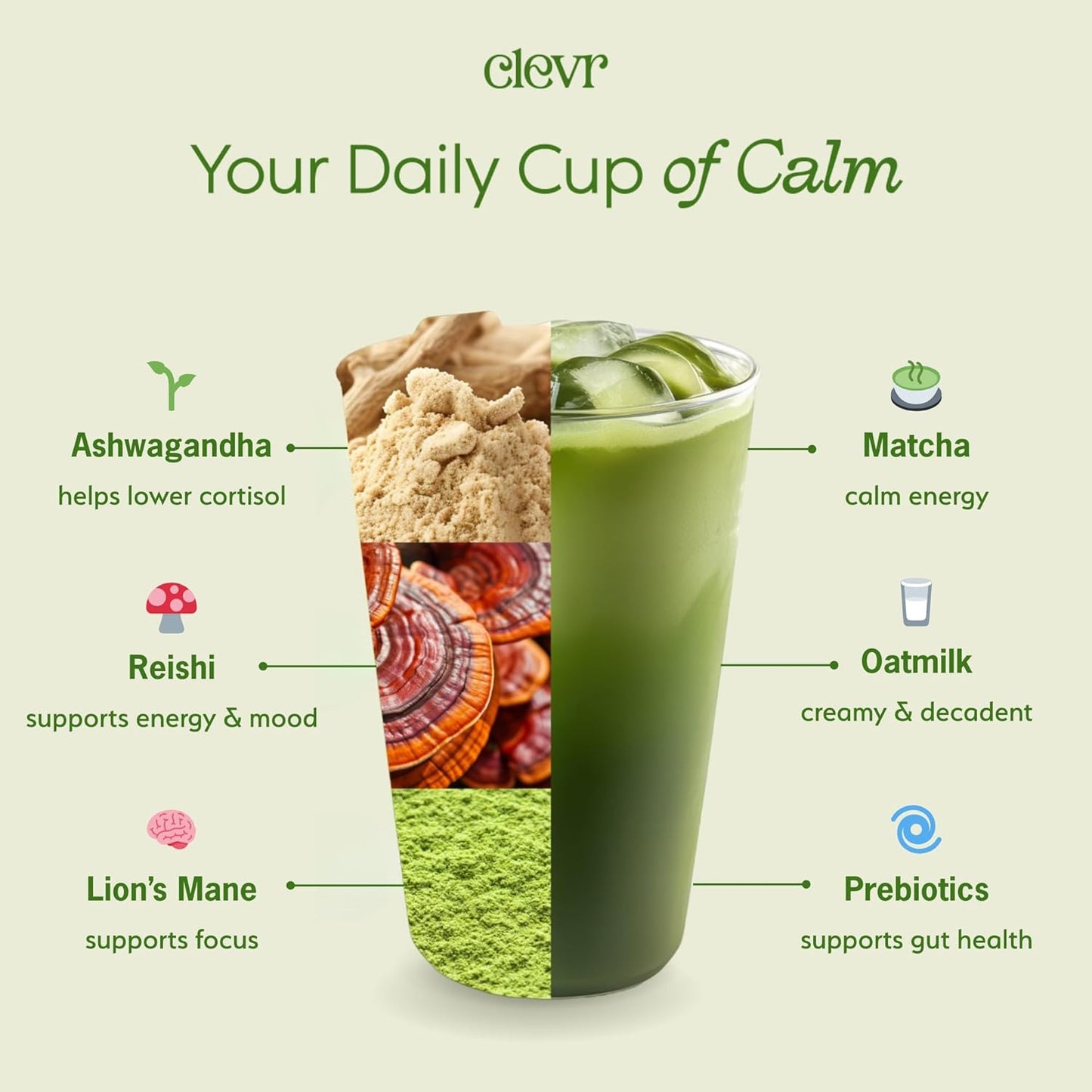 Clevr Blends Pistachio Matcha SuperLatte, Organic Ceremonial Grade, Instant Superfood Powder Blend with Lions Mane, Reishi Mushroom, Coconut Cream, Oat Milk, Ashwagandha, Serve Hot or Iced (14 Lattes)