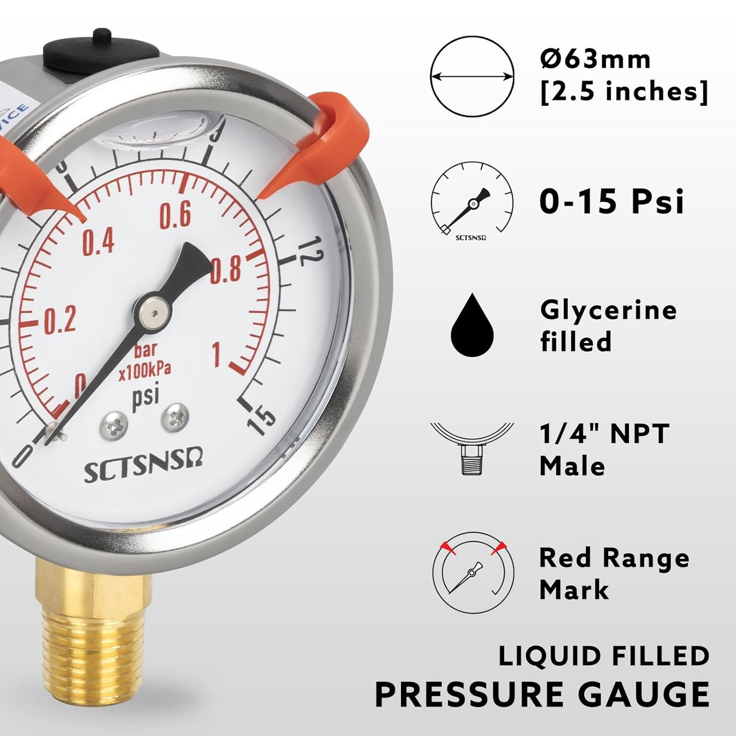 0 to 15 Psi Pressure Gauge, Glycerin Liquid Filled, 2.5 inch Dial, 1/4" NPT Lower Mount, Stainless Steel Case, for ATV Tire, HVAC Pipe, Well Tank, Fuel, Coolant, Nitrogen, Low Pressure Test