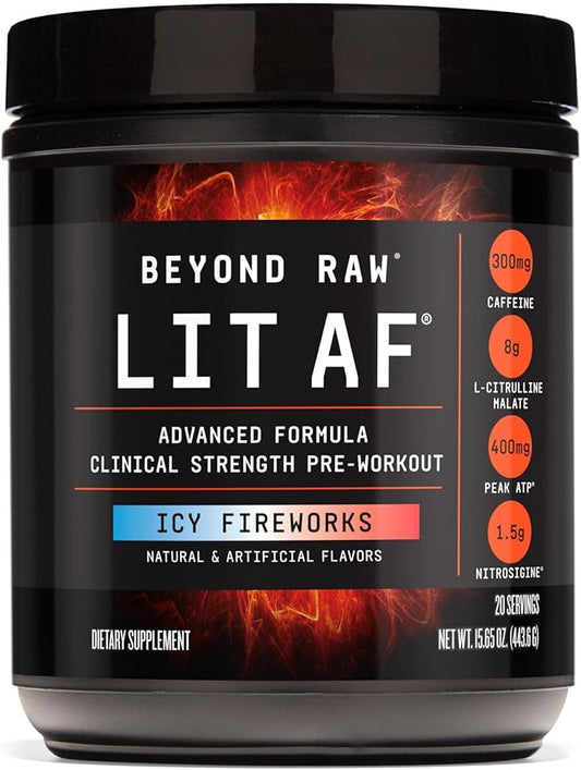 BEYOND RAW LIT AF | Advanced Formula Clinical Strength Pre-Workout Powder | Contains Caffeine, L-Citruline, and Nitrosigine | ICY Fireworks | 20 Servings