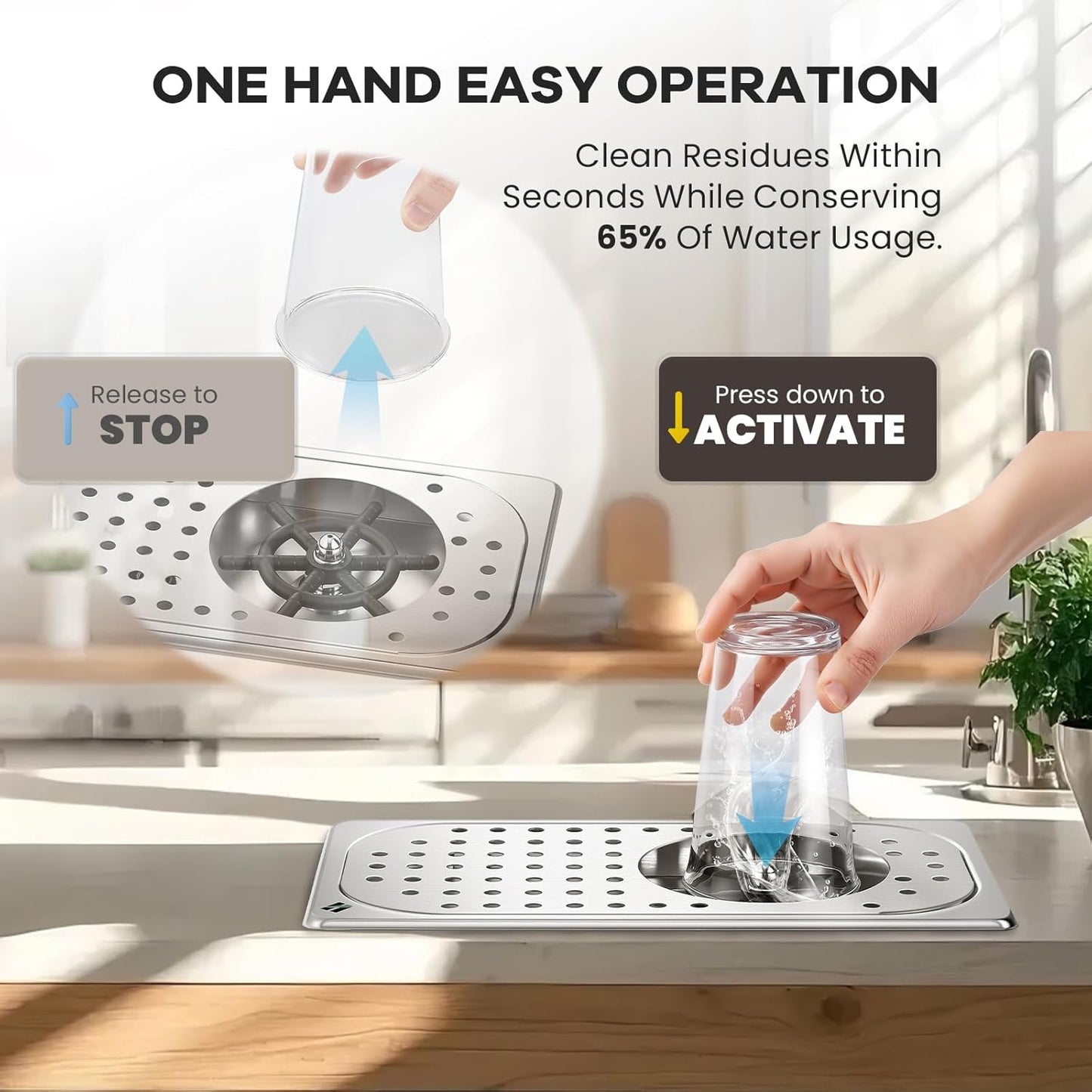 Huanyu Pitcher Rinser with 360 Degree Rotating High-Pressure Nozzle | Stainless Steel Glass Rinser with Drain and Drip Tray | Auto Cup Washer for Household and Commercial | 12.78×6.97×1.58 in