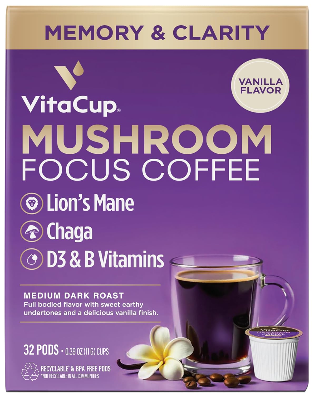 VitaCup Focus Mushroom Coffee Pods, Vanilla Flavored Coffee with Chaga, Lion’s Mane, Vitamins, Medium Dark Roast Arabica Beans, Recyclable Single Serve Pods Compatible with Keurig K-Cup Brewers, 32 Ct