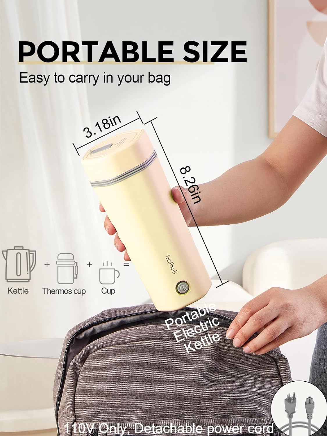 balbali Travel Kettle - 12oz Portable Electric Kettle for Boiling Water - Self Heating Cup/Thermos - Single Size Personal Tea Maker -Hot Water Boiler/Heater/Warmer - Yellow