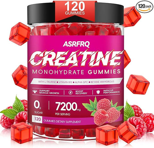 Creatine Monohydrate Gummies for Men & Women 120 CT - 7200mg of Creatine Monohydrate per Serving, Chewable Creatine Monohydrate for Muscle Support & Energy Boost, Sugar Free, Vegan (Raspberry Flavor)