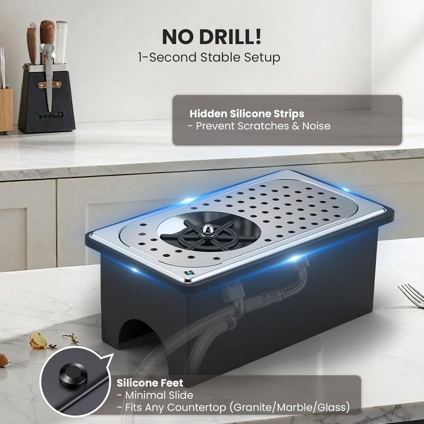 Huanyu Pitcher Rinser with Detachable Countertop Base | 360° Rotating High-Pressure Nozzle | Stainless Steel with Drain and Drip Tray | Auto Cup Cleaner for Home and Commercial | 13.39×7.68×5.43 in