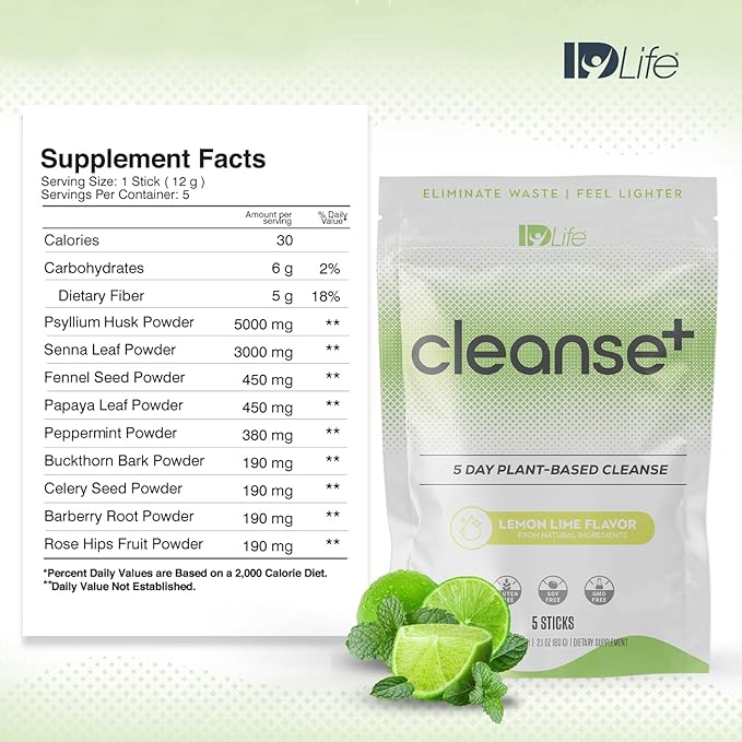 IDLife | Cleanse+ - Lemon-Lime | Cleanse+ Powder Drink Mix - 5-Day Gut Reset Formula for Healthy Elimination and Nutrient Absorption - for Digestive and Gut Health - 5 Sticks per Bag