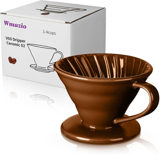 Pour Over Coffee Dripper - Ceramic Pour Over Coffee Maker Cone, Porcelain Coffee Drip, Pour Over Single Cup, Manual Brew Maker for Home, Cafe, Office - 1-4Cup, V60 Size 02 (Brown)
