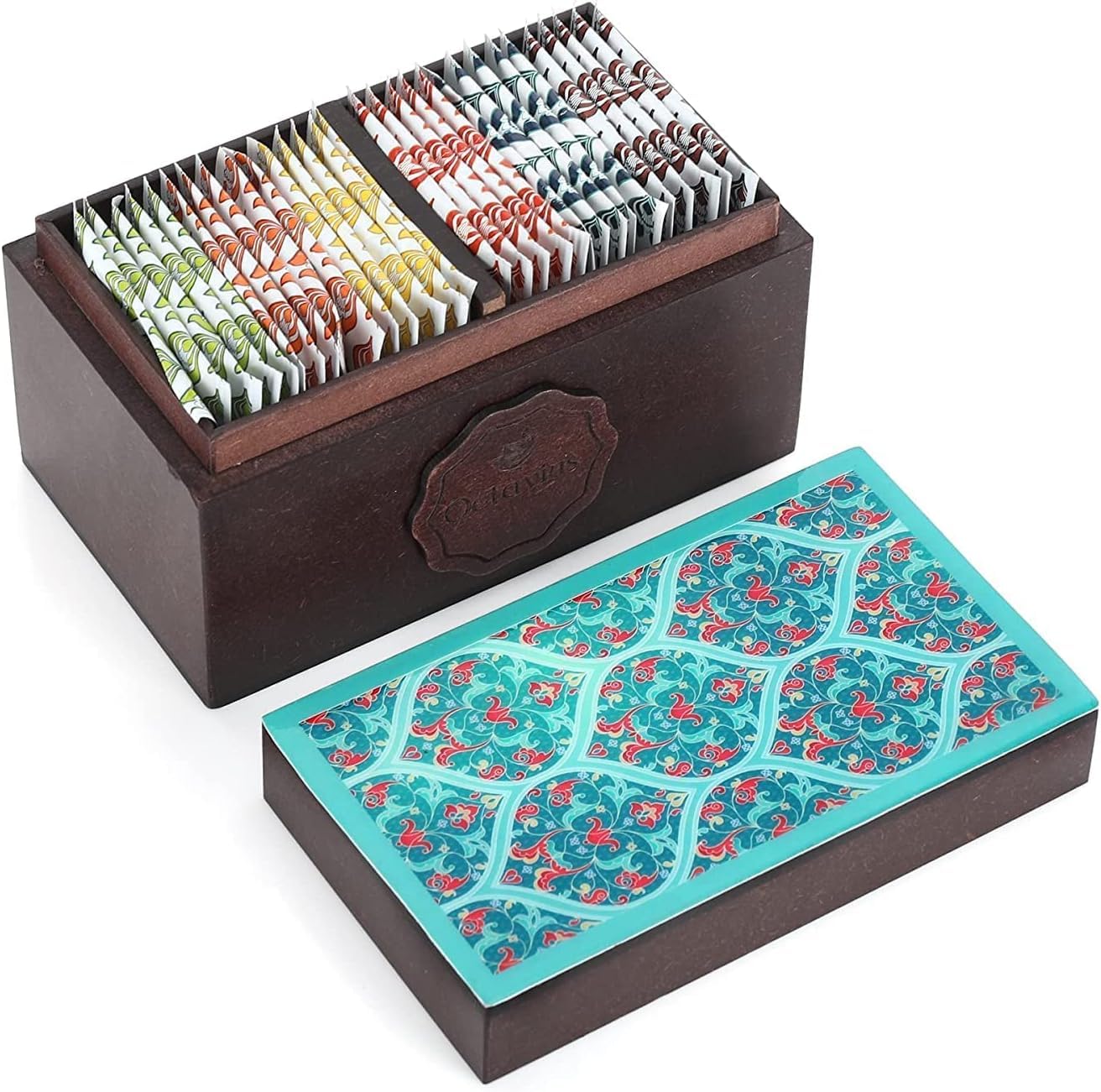 Octavius Assorted Tea Gift Set | 6 Assorted Black & Green Teas | 30 Teabags | Wooden Tea Sampler Pack w/Ornate Floral Design | Pack of 2 | Mothers Day Tea Gift Box