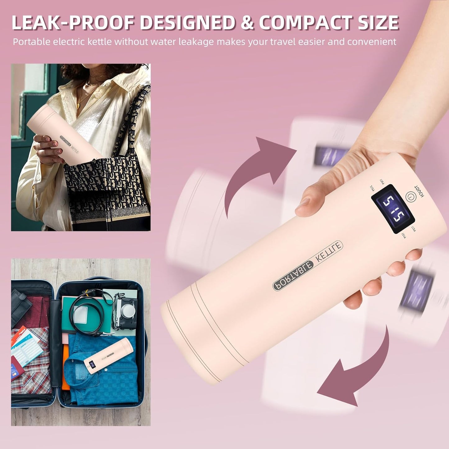 Travel Electric Kettle Portable Small Mini Tea Coffee Kettle Water Boiler, Water Heater with 4 Temperature Control,304 Stainless Steel with Auto Shut-Off & Boil Dry Protection, BPA-Free (Pink)