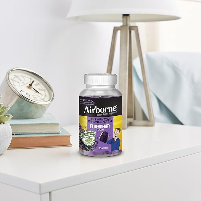 Airborne Elderberry + Zinc & Vitamin C Gummies for Adults, Immune Support with Antioxidants Vitamins C, D & E, 130 Count, Elderberry Flavor