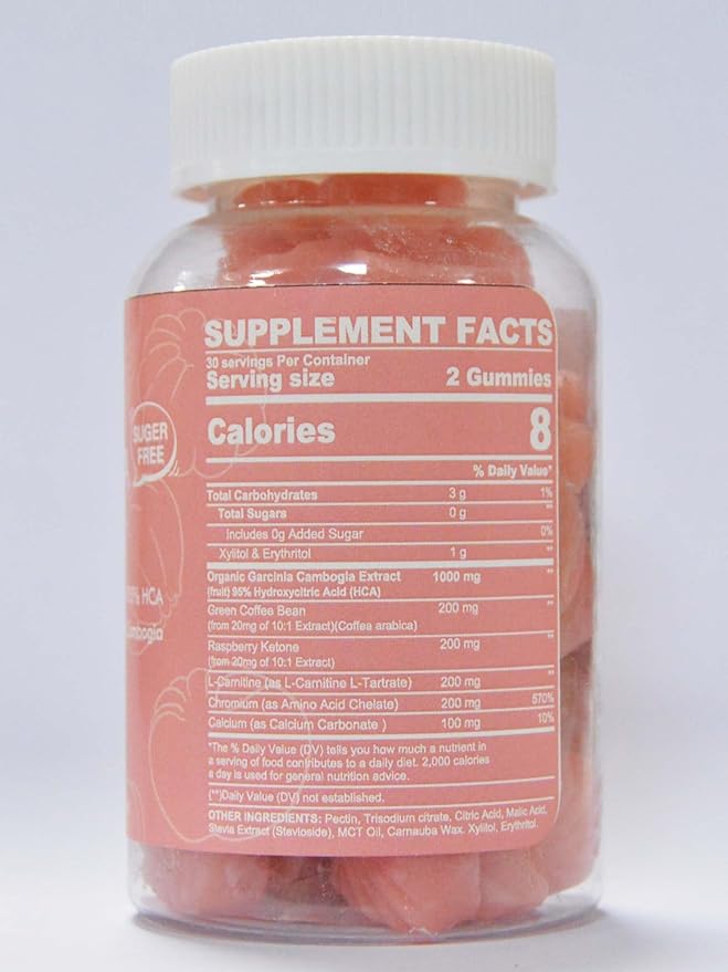Sugar Free Garcinia Cambogia Gummies 1000mg 95% HCA with L-Carnitine, Raspberry Ketone, Chromium, Green Coffee Bean for Metabolism, Energy Boost, 100% Organic Extract, Vegan, Strawberry Flavor 120 Cts