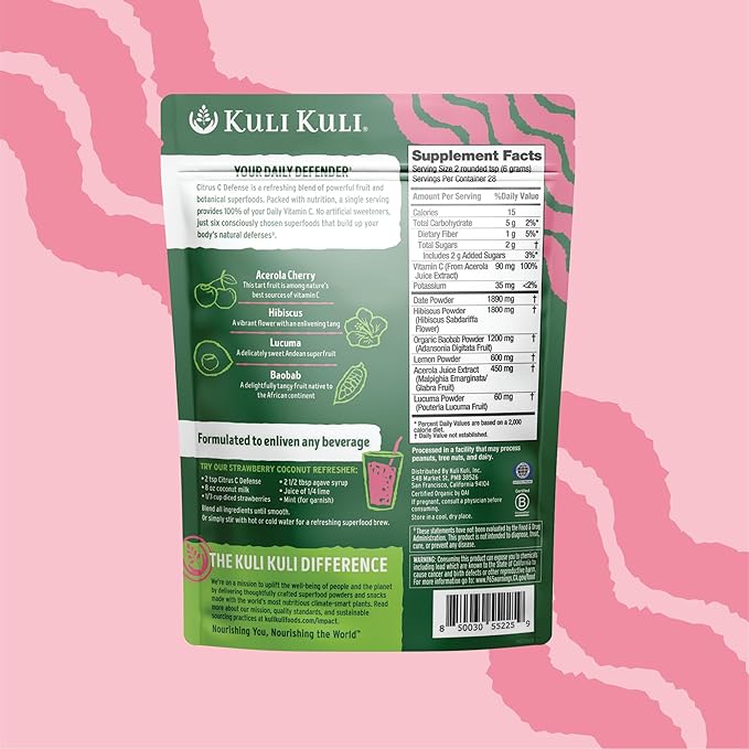 Kuli Kuli Citrus C Defense Superfood Powder [30 Servings] - Immune Support with Acerola Cherry, Hibiscus, Lucuma, and Baobab - Natural Vitamin C Boost for Daily Wellness