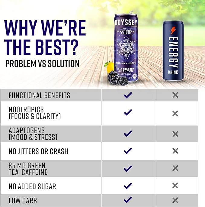 Odyssey Elixir Functional Beverage - Adaptogen Drink with Lions Mane, Cordyceps, L Theanine & Green Tea Caffeine - for Cognition, Energy & Mood Boost - 0 Added Sugar - Blackberry Lemonade - 12 Pack
