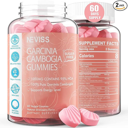 Sugar Free Garcinia Cambogia Gummies 1000mg 95% HCA with L-Carnitine, Raspberry Ketone, Chromium, Green Coffee Bean for Metabolism, Energy Boost, 100% Organic Extract, Vegan, Strawberry Flavor 120 Cts