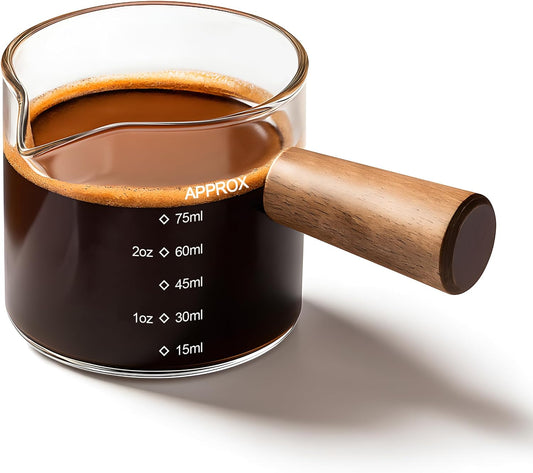 YARRAMATE 3.4oz Espresso Shots Cup with Wood Handle, Clear Glass Espresso Measuring Cup with Dual Scale, Shot Glass with Single Spout