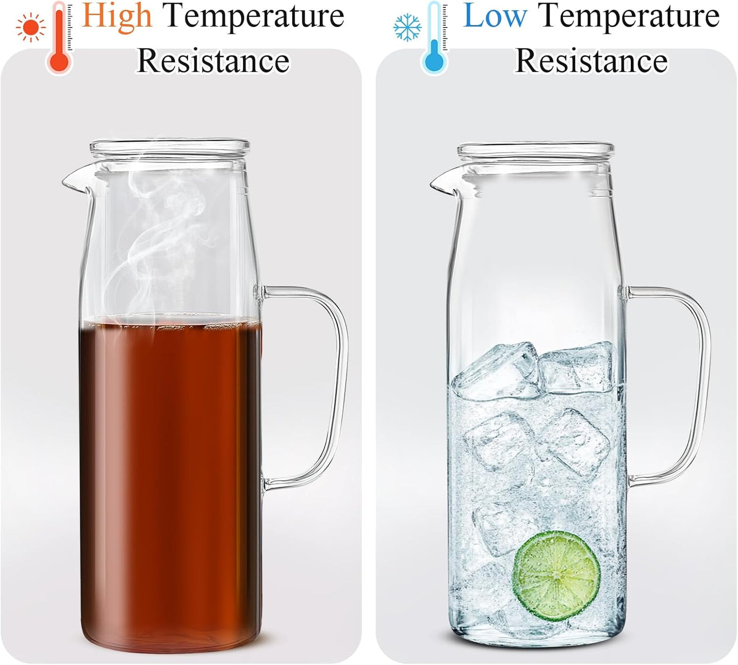 Hsei 2 Sets Glass Pitcher with Lid, 67.6 oz / 2000 ml Water Carafe with Handles Hot Cold Beverage Water Jar Glass Jug for Tea Juice Milk Coffee Iced Beverage (Glass Lid)