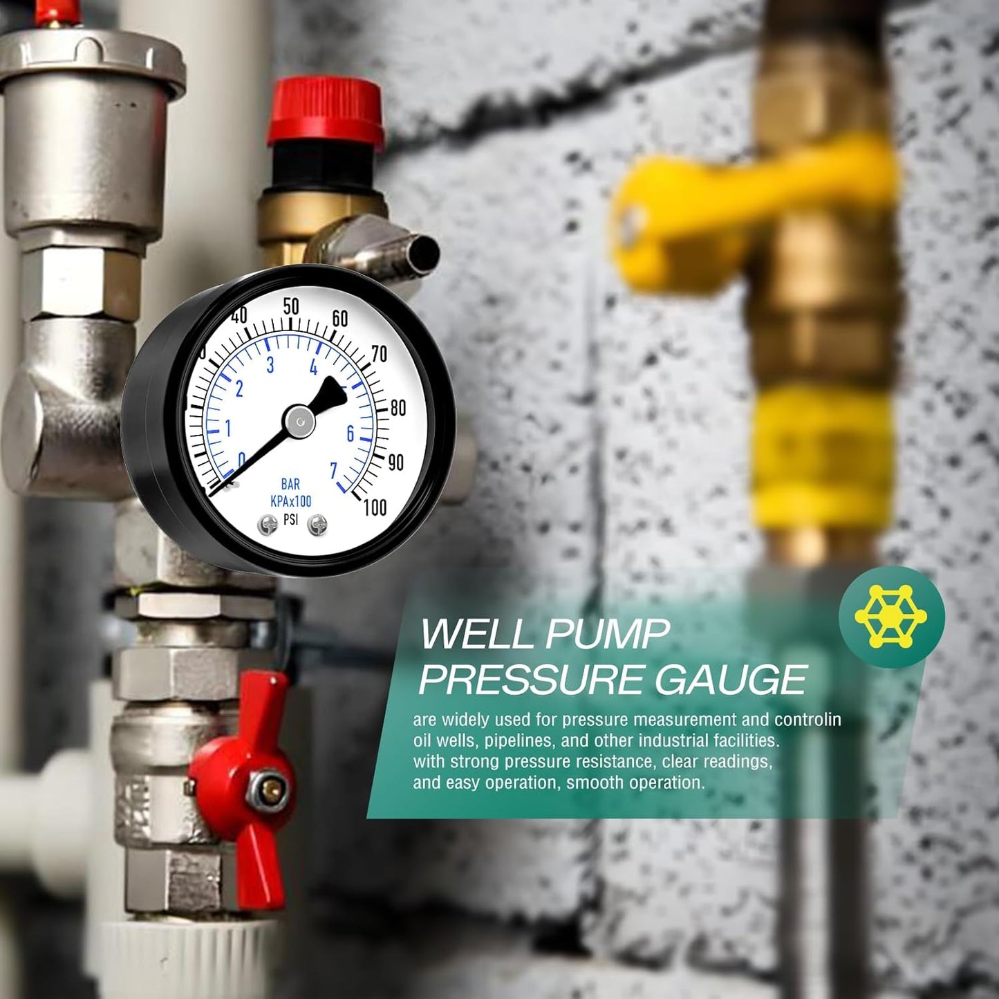 0-100psi Well Pump Pressure Gauge 1/4" NPT 2" Face Dial Size Back Mount, Multifunctional Practical Dry Pressure Gauge, for Water, Oil and Air Compressor