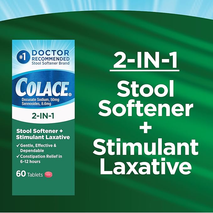 Colace 2-in-1 Stool Softener Plus Stimulant Laxative for Gentle Effective Constipation Relief, Docusate Sodium Plus Sennosides, 60 Count (Pack of 2)-HarmonyPath Wellness