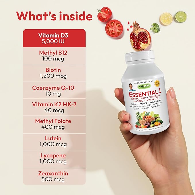 ANDREW LESSMAN Essential-1 Multivitamin 5000 IU Vitamin D3 60 Small Capsules – 100 mcg Methyl B12. CoQ10 Lutein Lycopene Zeaxanthin. High Potency. No Additives. Gentle Ultra-Mild. One Daily Capsule