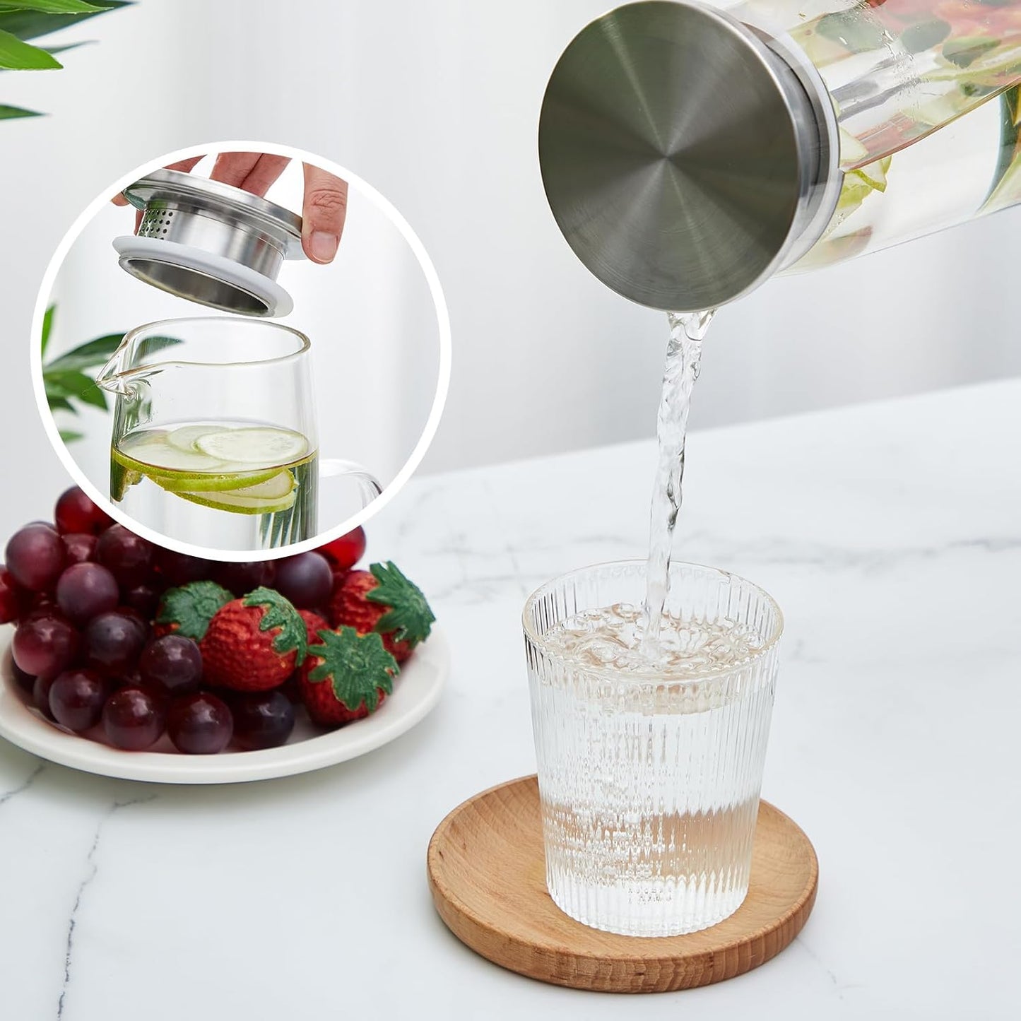 Hsei 2 Sets Glass Pitcher with Lid, 50 oz / 1500 ml Water Carafe with Handles Hot Cold Beverage Water Jar Glass Jug for Tea Juice Milk Coffee Iced Beverage