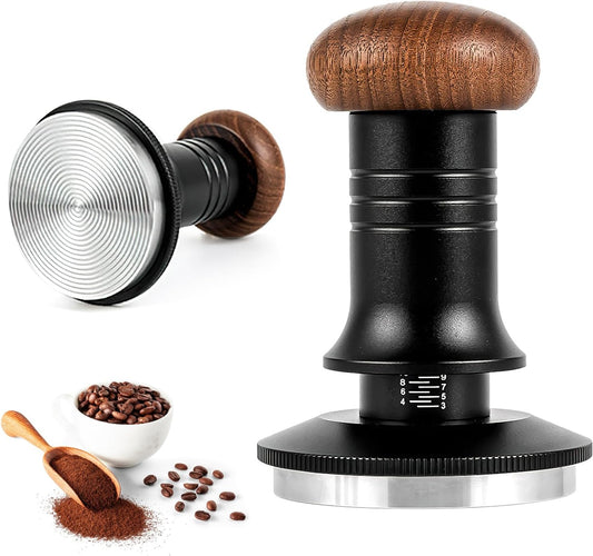53mm Coffee Tamper, Espresso Tamper with Calibrated Spring Loaded, Constant 30lb Tamper Tool, Depth Adjustable, Stainless Steel Base Aluminum Handle and Walnut top Cover, Thread