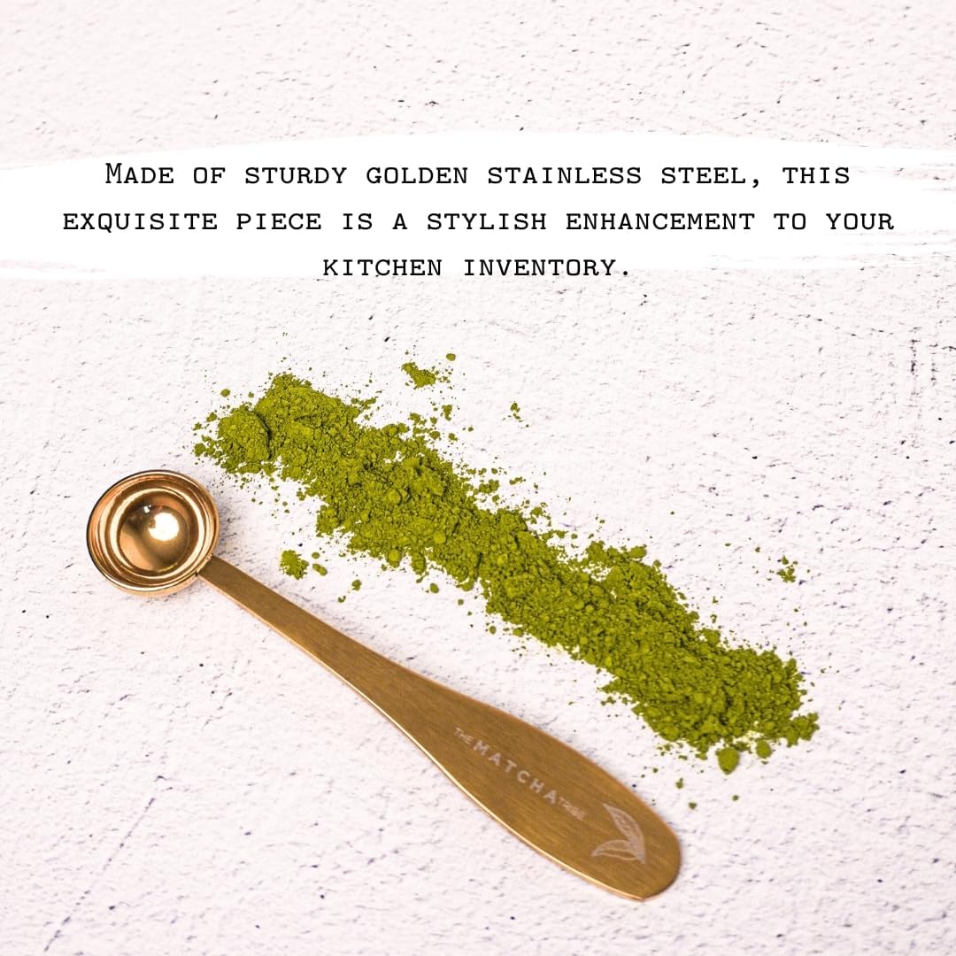 Golden Stainless Steel 1 gram Matcha Measuring Spoon (1/2 teaspoon). Scoop your Matcha with Precision for Perfect Servings while upgrading your Matcha station within your kitchen inventory!