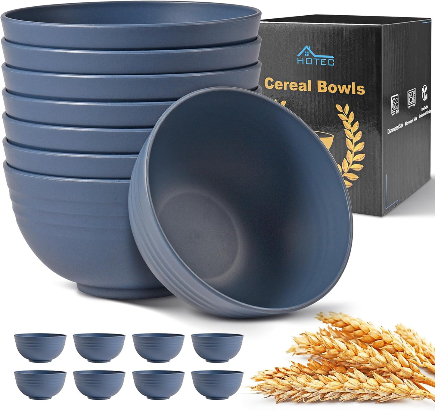 HOTEC BPA Free Unbreakable Wheat Straw Cereal Bowls - Microwave & Dishwasher Safe Soup and Salad Bowls, Set of 8, 26oz, Classic Blue