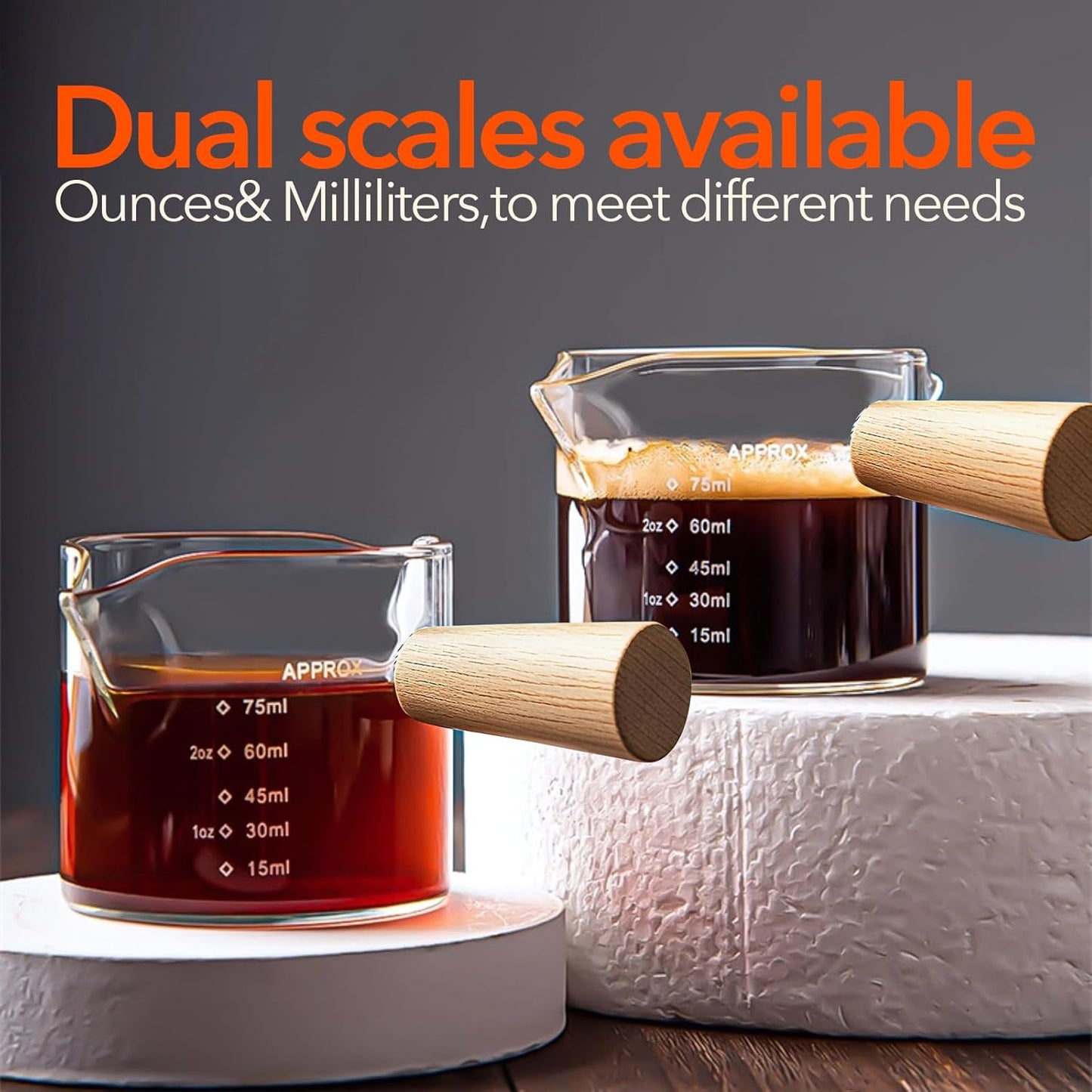 YARRAMATE 3.4oz Espresso Shots Cup with Wood Handle, Clear Glass Espresso Measuring Cup with Dual Scale, Shot Glass with Single Spout