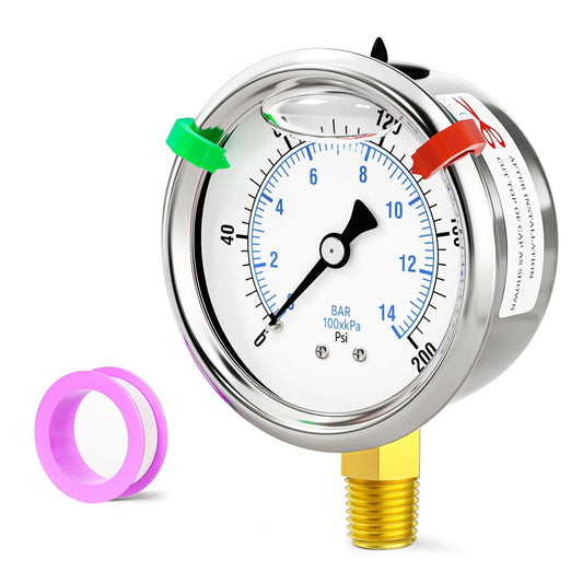 0-200psi Stainless Steel 1/4" NPT 2.5" Dial, Glycerin Liquid Filled Pressure Gauge Lower Mount Designed for Pressure Testing of Water, Oil and Air (with Range Mark Pointer)