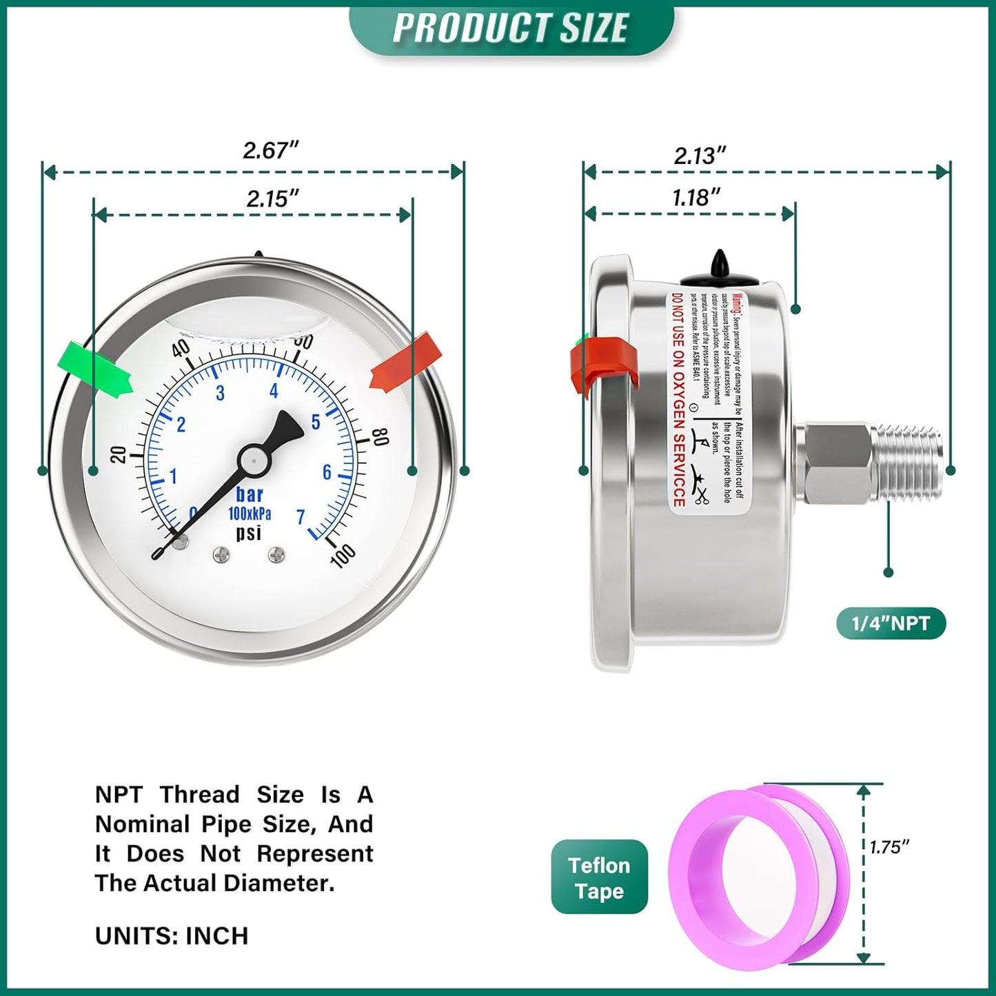 0-100PSI Stainless Steel Liquid Filled Pressure Gauge, 2.5" Dial Size, 1/4" NPT 316 Stainless Steel Joint, Back Mount, for Tube, Water Pump, Gas, Liquid (with Range Mark Pointer)