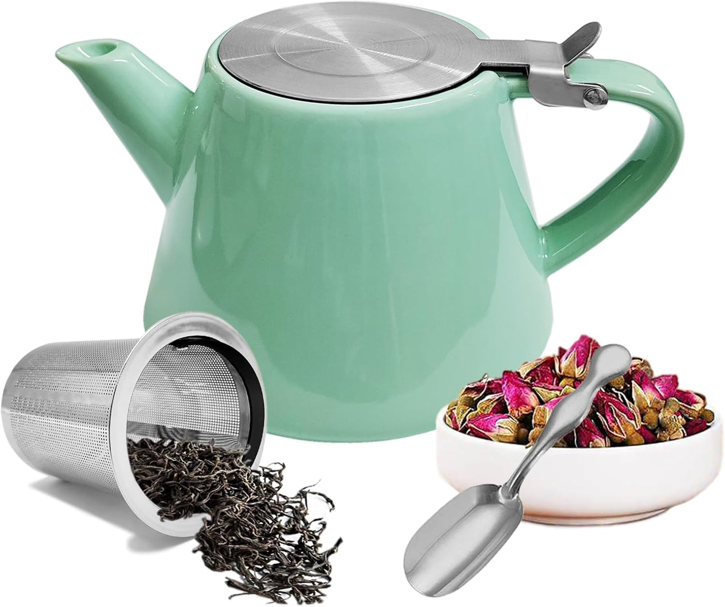 Ceramic teapot, 19oz Tea pot for loose leaf tea, Tea infuser pot with Removable 18/8 Stainless Steel Infuser and teaspoon, Suitable for 1-2 people to brew tea or coffee (azure)