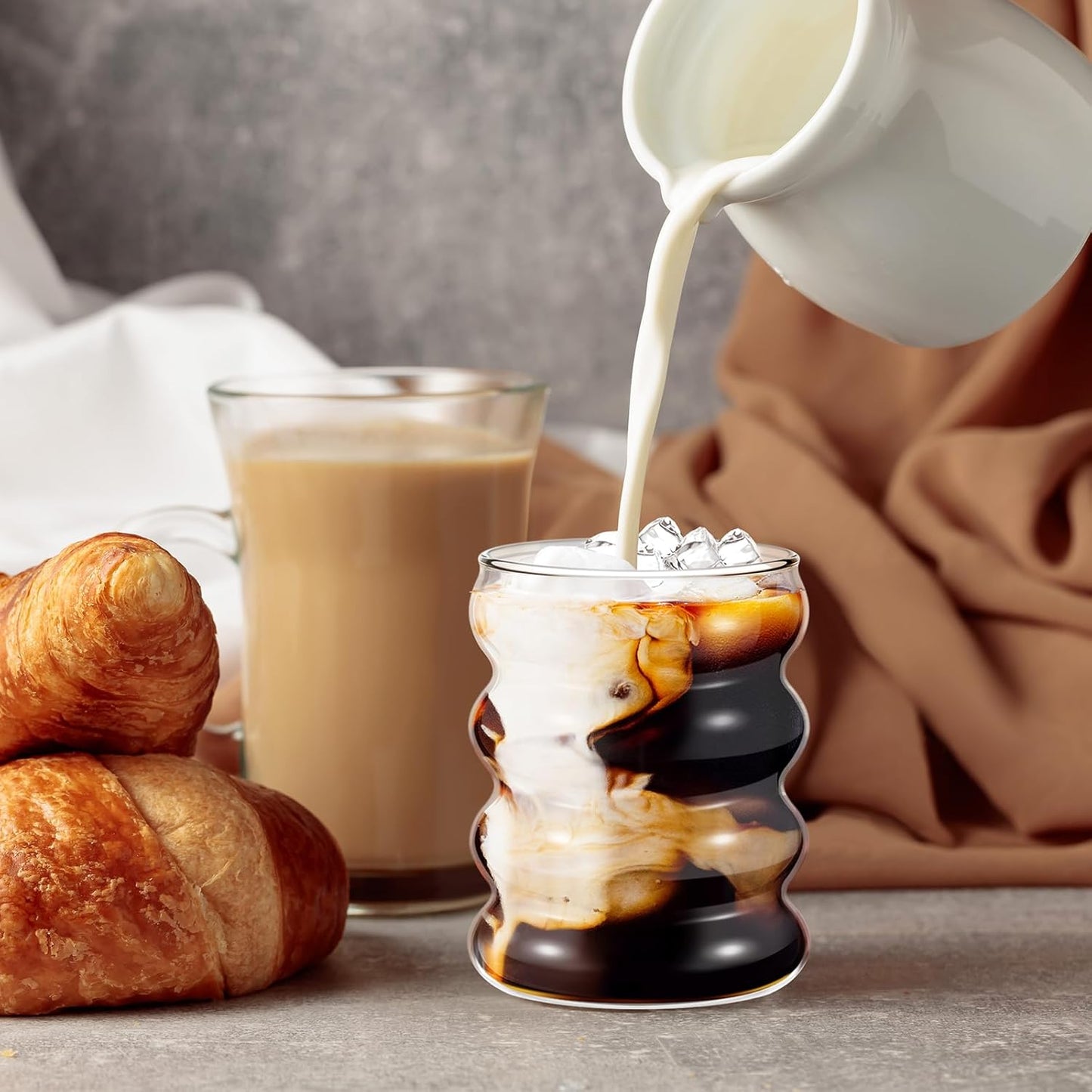 Tessco for you 4 Pcs Creative Glass Cups Vintage Drinking Glasses Ribbed Glassware Aesthetic Cup Entertainment Dinnerware Glassware with Straws Set for Kitchen Coffee Beverage(13.5 Oz, 16 oz,Clear)