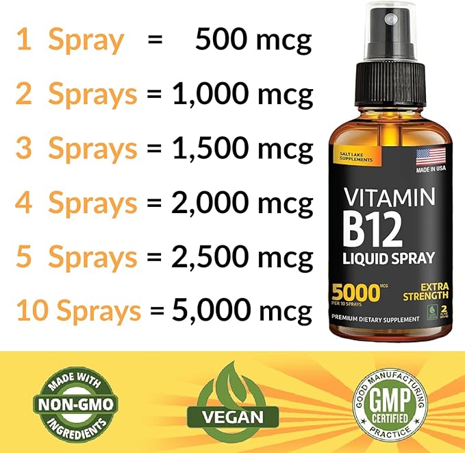 (2 Pack) - Liquid B12 Spray 5000 mcg - Vitamin B12 Sublingual - Vegan B12 Vitamin Spray - Methylcobalamin Vitamin B12 Liquid Boosts Energy & Mood - Gluten-Free & Non-GMO-HarmonyPath Wellness