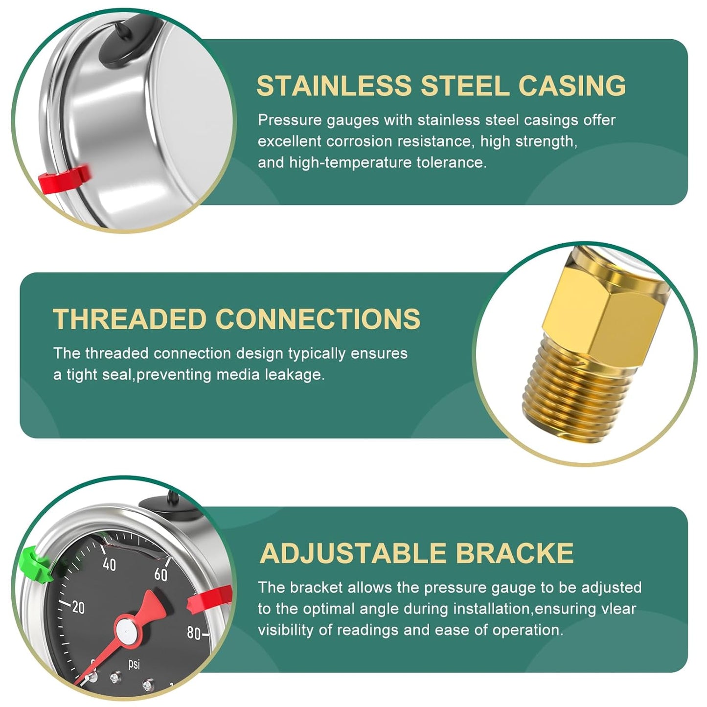 0-100PSI Stainless Steel Glycerin Filled Pressure Gauge 1.5" Black Dial Size, 1/8" NPT Lower Mount, for Tube, Water Pump, Gas, Liquid, Pressure Test (with Range Mark Pointer)