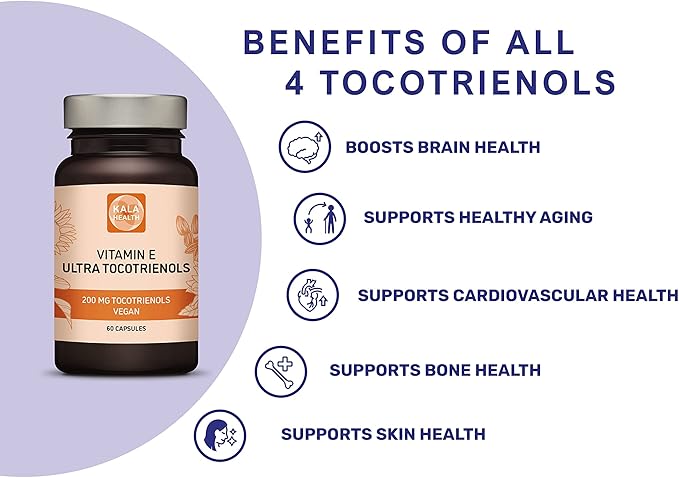 KALA HEALTH Ultra Tocotrienol 200mg Vitamin E Vegan – All 4 tocotrienols - Tocopherol Free - Supports Immune Health & Antioxidant Health Tocotrienols Supplement