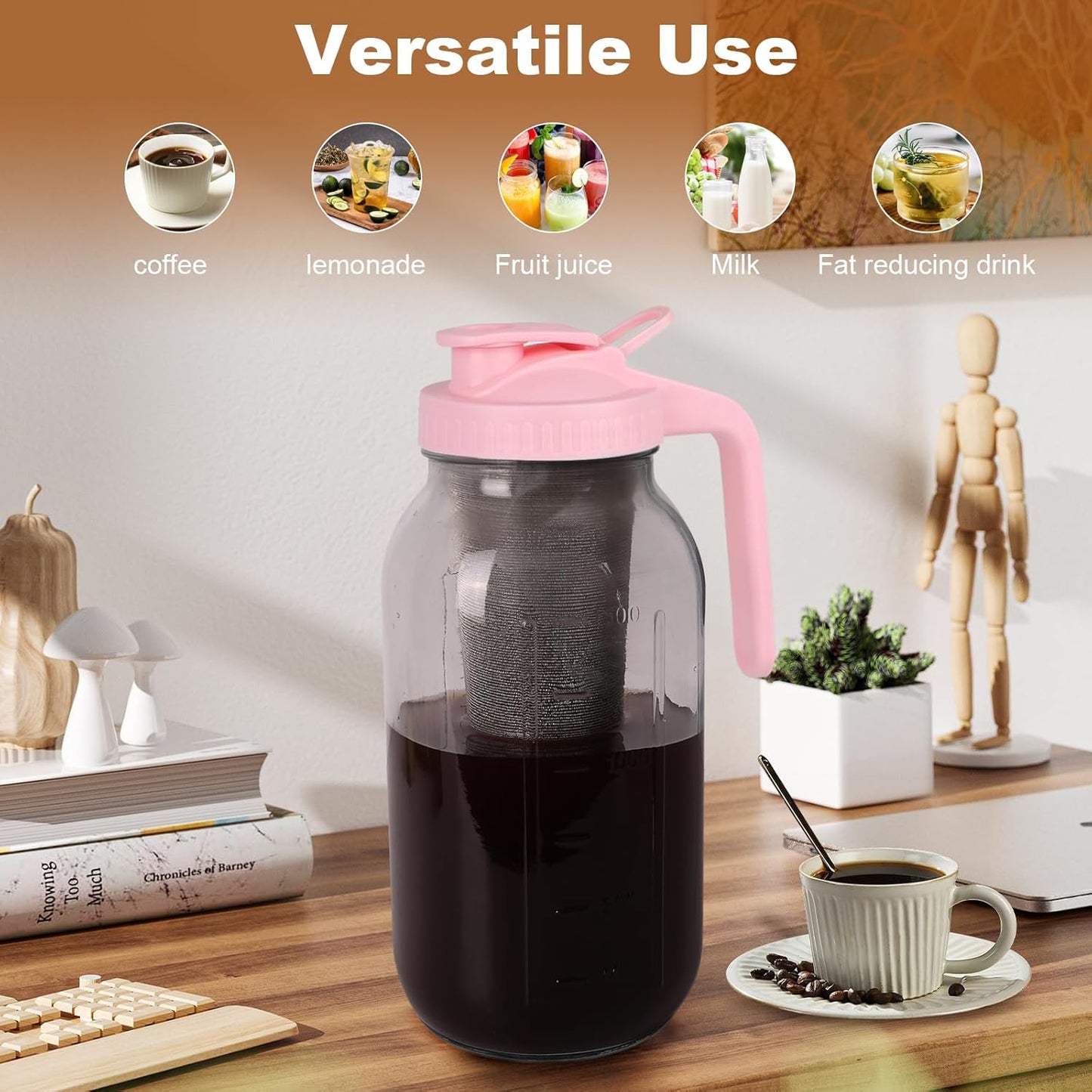Cold Brew Coffee Maker，64 oz Wide Mouth Mason Jar Pitcher with Stainless Steel Filter, Pour Spout Handle Lid, Heavy Duty Glass Airtight & Leak-Proof Pitcher for iced coffee & Tea Lemonade-Pink