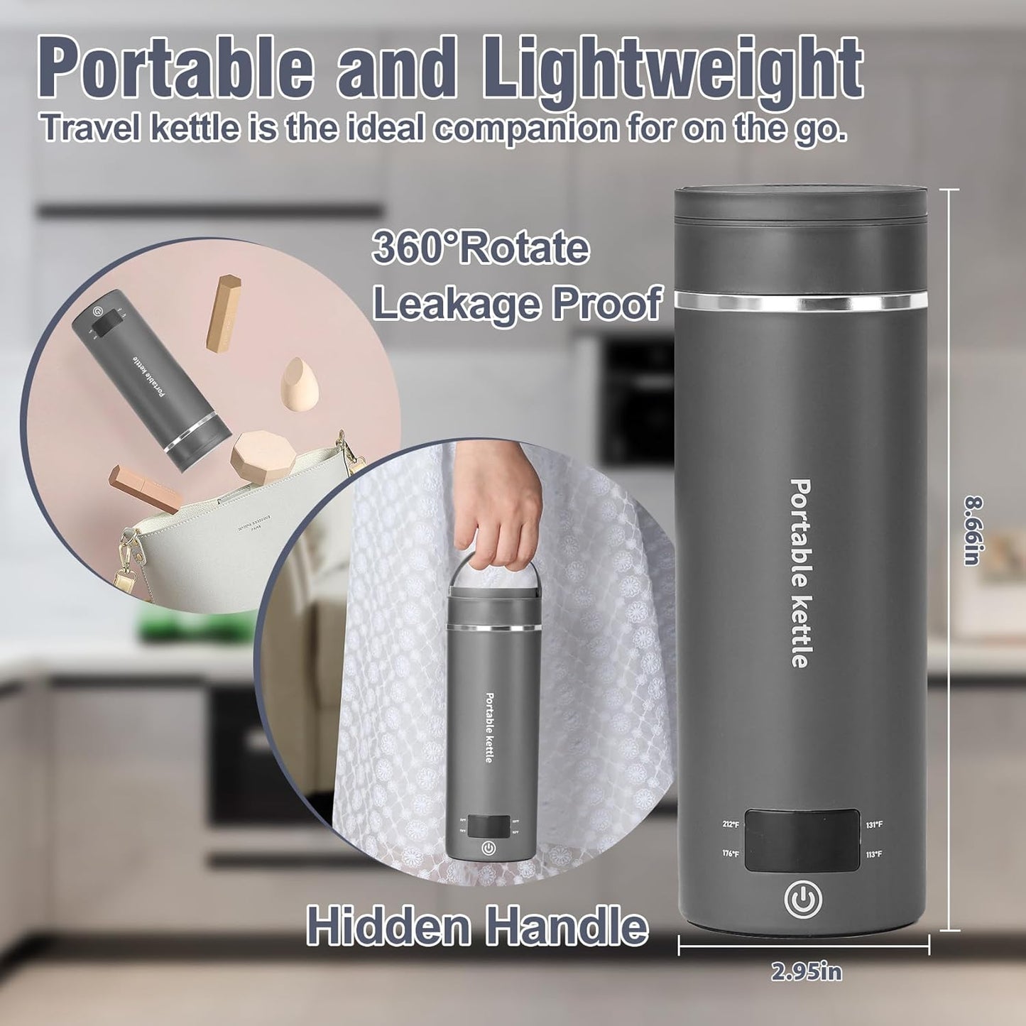 Travel Electric Kettle Portable Mini Kettle,Small Hot Water Boiler with 4 Temperature Settings,304 Stainless Steel,Fast Boiling Water with Auto Shut-Off and Boil Dry Protection,400ml (Grey, 400ml)