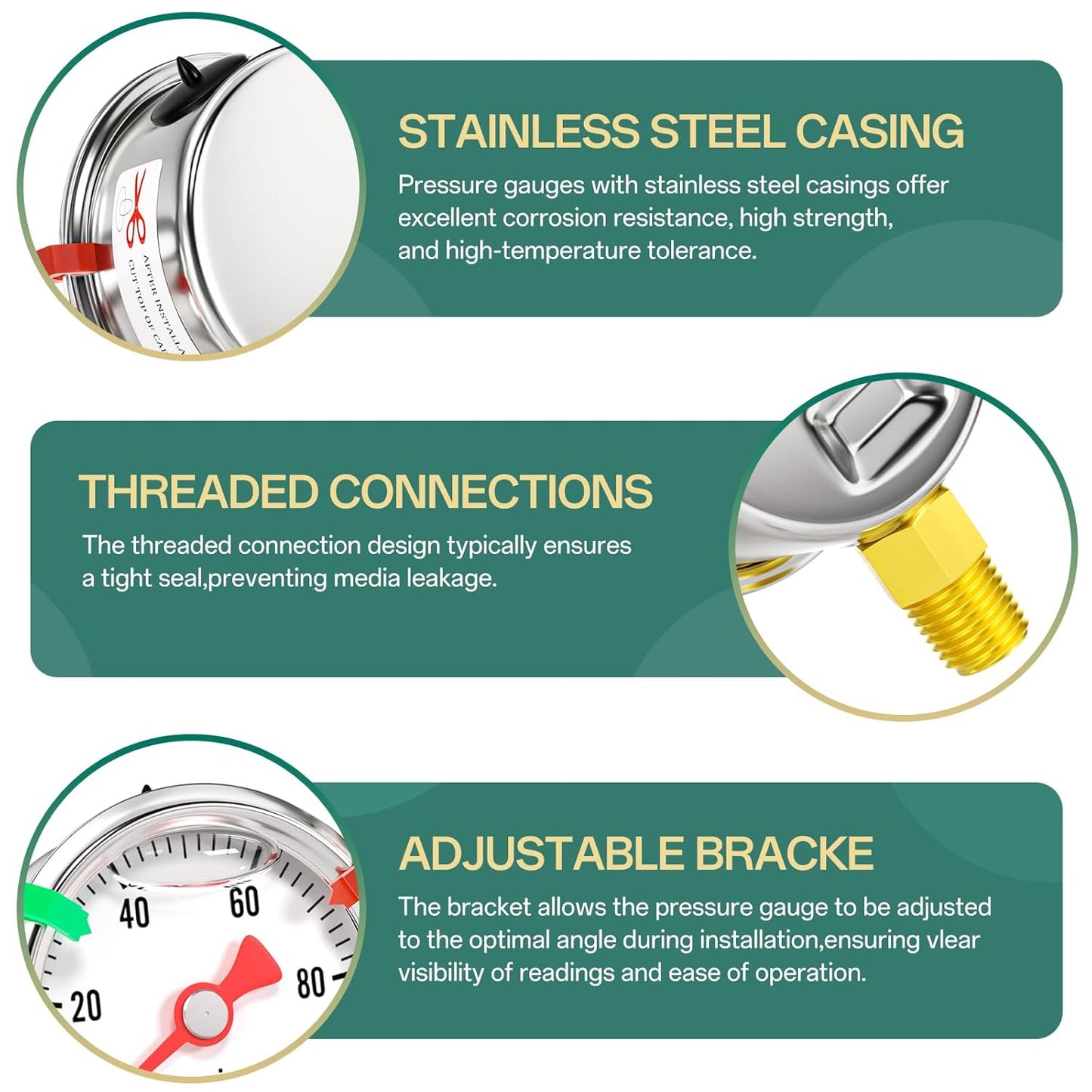 0-100psi Stainless Steel Glycerin Liquid Filled Pressure Gauge1/8 NPT 1.5" Dial, Lower Mount Designed for Pressure Testing of Water, Oil and Air (with Range Mark Pointer)