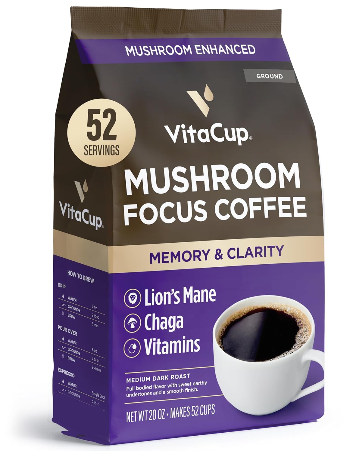 VitaCup Focus Mushroom Coffee Grounds, with Lions Mane, Chaga, B Vitamins, D3, Boost Focus, Immunity, Memory & Clarity, Medium Dark Roast, 100% Arabica Specialty, 20oz, 52 Servings