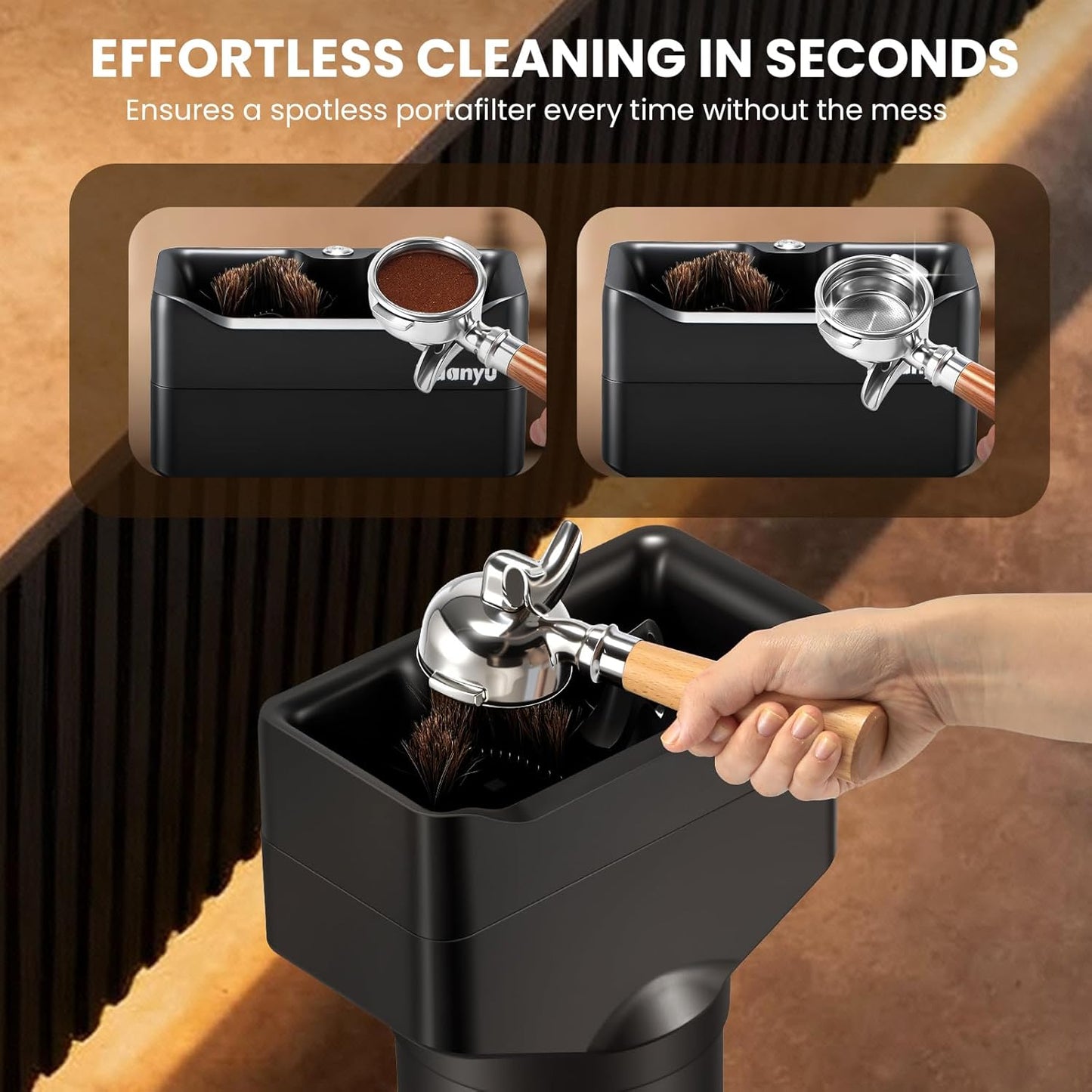 Huanyu Portafilter Cleaner Electric, 16L Large Capacity with 2 Brush Heads and 3 Scrapers for 58mm/51mm Portafilters, Vertical for Commercial Use, Automatic Coffee Grounds Cleaning Machine