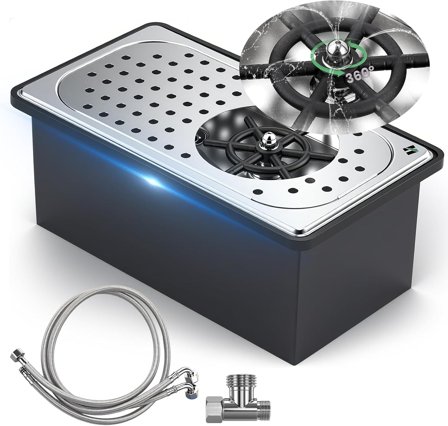 Huanyu Pitcher Rinser with Detachable Countertop Base | 360° Rotating High-Pressure Nozzle | Stainless Steel with Drain and Drip Tray | Auto Cup Cleaner for Home and Commercial | 13.39×7.68×5.43 in