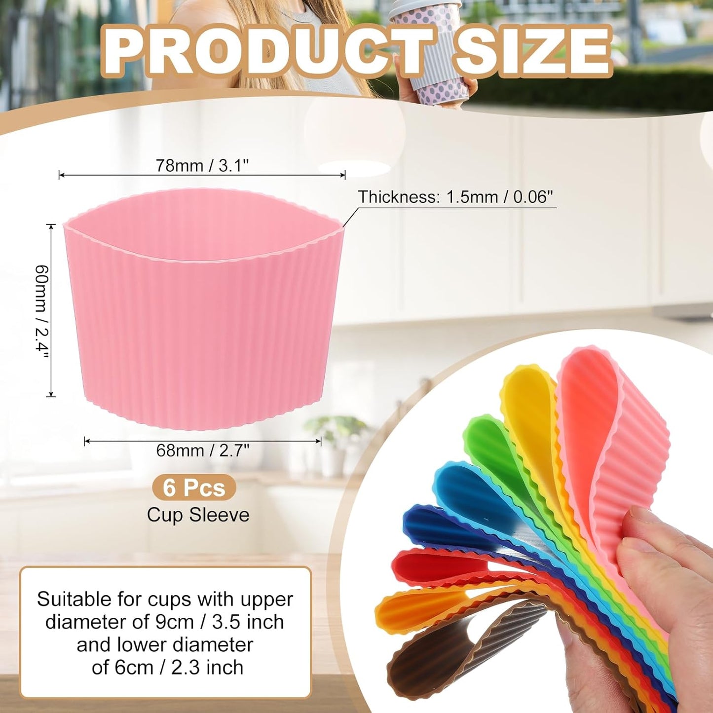 uxcell 6Pack Coffee Cup Sleeves, Reusable Silicone Heat Resistant Cup Protective Sleeve Nonslip Mug Protector Cover for Home Travel Coffee Mug Glasses Water Bottle Boots, Pink