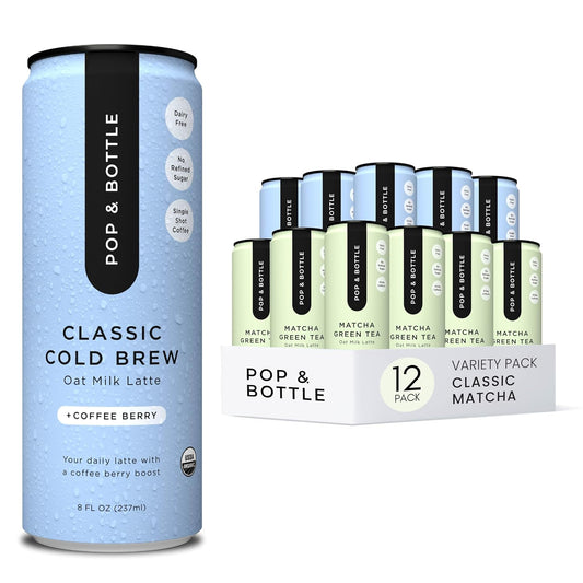 Pop & Bottle, Classic and Matcha Oat Milk Lattes - Reishi and Maitake Mushrooms, Green Tea, Cold Brew, Coffee Berry, MCT Oil, Organic, Dairy & Gluten Free, Vegan - 8 Fl Oz, (Pack of 12), 6 Each