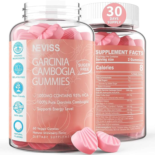 Sugar Free Garcinia Cambogia Gummies 1000mg 95% HCA Pure Extract with L-Carnitine, Raspberry Ketone, Chromium, Green Coffee Bean for Metabolism, 100% Organic Extract, Vegan, Strawberry Flavor 60 Cts