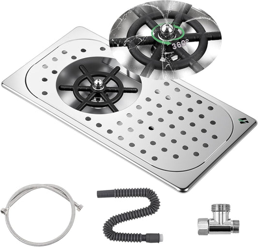 Huanyu Pitcher Rinser with 360 Degree Rotating High-Pressure Nozzle | Stainless Steel Glass Rinser with Drain and Drip Tray | Auto Cup Washer for Household and Commercial | 12.78×6.97×1.58 in